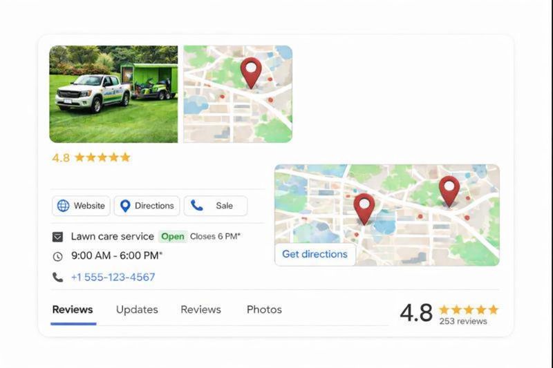 Google Business Profile listing example with reviews and photos for a professional lawn care company