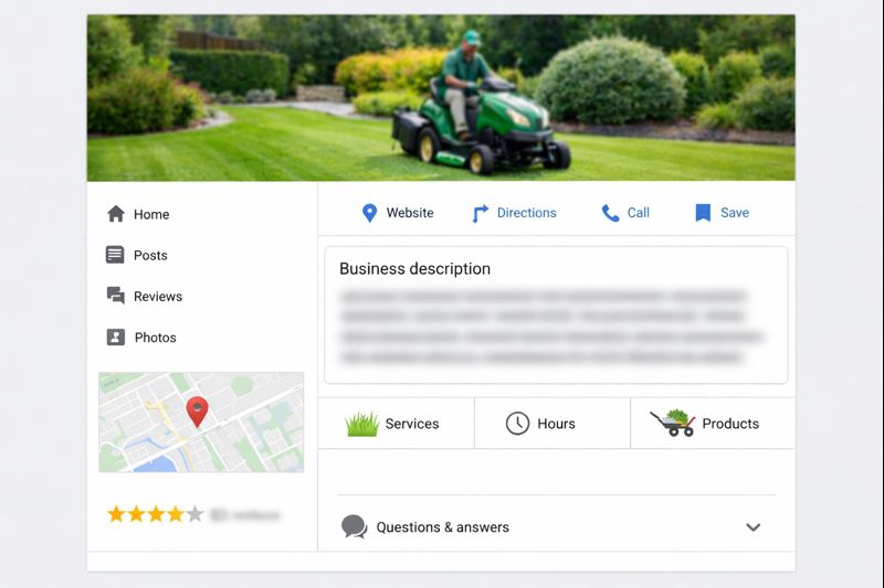 Google Business Profile showing business description, services, hours, and products
