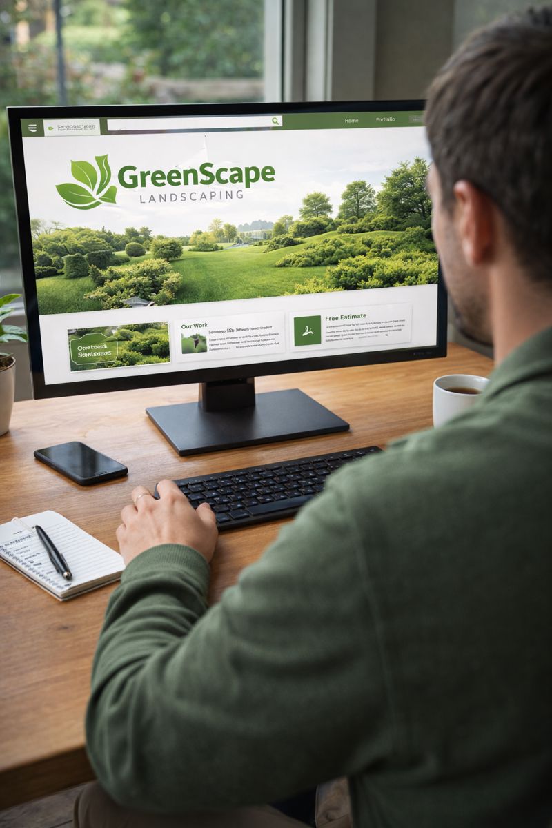 Person viewing a landscaping company website with clear service sections, portfolio, and contact options